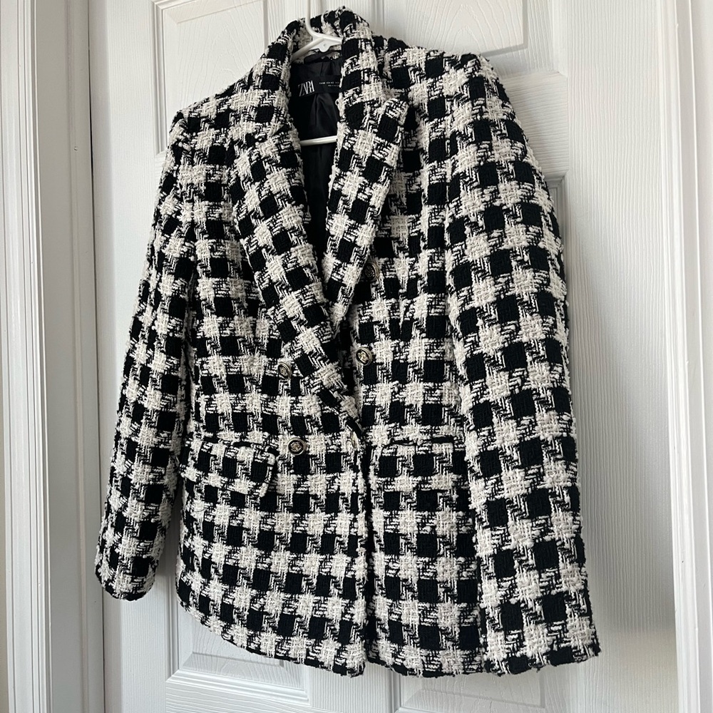 Zara Black White Houndstooth Tweed Blazer XS - Picture 7 of 7